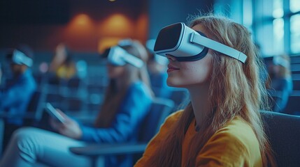 Poster - A high school classroom with students using VR headsets to explore historical events Stock Photo with side copy space