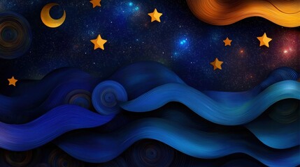 Wall Mural - A painting of a night sky with stars and a crescent moon