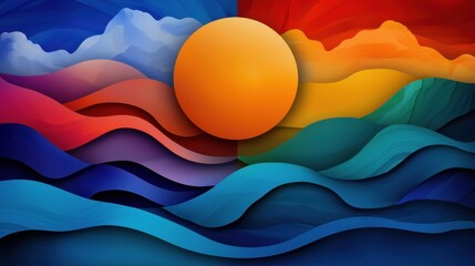 Fototapete - A colorful painting of a sun and ocean waves