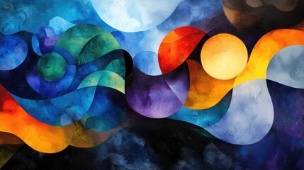 Poster - A painting of a colorful swirl with a blue sky background