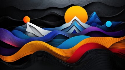 Poster - A colorful painting of mountains and a sun with a blue sky in the background