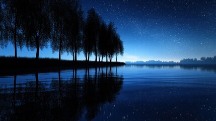 Wall Mural - A serene lake with a dark sky and trees in the background