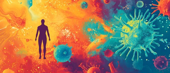 Aufkleber - Abstract representation of the human figure surrounded by colorful viruses and microorganisms, showcasing the interaction between humanity and infectious agents in a vibrant cosmic environment