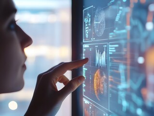 Aufkleber - Focused professional analyzing data on a futuristic touchscreen interface, showcasing charts, graphs, and digital information for modern business insights and technology trends