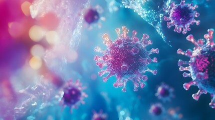 Aufkleber - Abstract visualization of a microscopic view of viral molecules illustrating vivid colors and intricate details, representing the complexity of viral structures and their environments