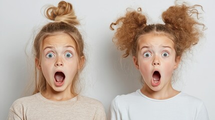 two young girls express surprise or shock, their expressive hairstyles augments their wide-eyed look