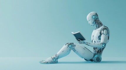 Poster - Robot reading book on blue light color pastel background