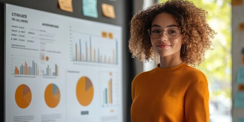 Poster - Young woman presentation with dashboard display on wall chart