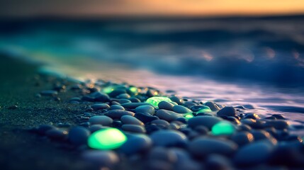 Poster - Ethereal Glow of Bioluminescent Pebbles on a Serene Beach at Sunset with Soft Waves and Vibrant Colors Enhancing Tranquil Coastal Beauty