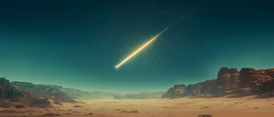 Aufkleber - Stunning Meteor Shower Over Desert Landscape with Starry Sky and Unique Rock Formations Illuminated by Bright Celestial Event in Vast Expanse of Nature