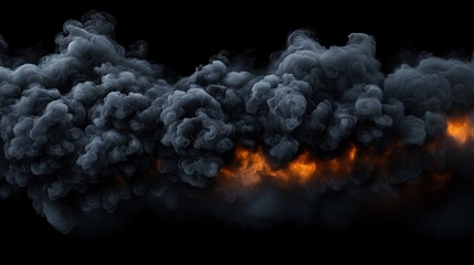 Wall Mural - Thick dark smoke rises ominously, blending with a backdrop of black while flickering orange flames can be seen at the base, hinting at an intense fire event creating a dramatic contrast