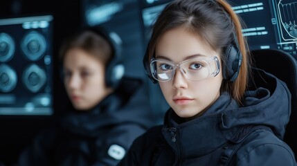 Poster - young woman with glasses and a headset attentively monitors screens in a high-tech environment. Another operator works in the background, emphasizing teamwork in a modern workspace