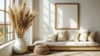 © Ummeya - Wooden frame mockup with pampas grass decor in a minimalist interior, highlighting simple elegance and modern design.