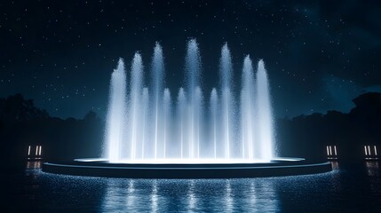 Aufkleber - Majestic Nighttime Fountain Display with Illuminated Water Jets Against a Starry Sky, Creating a Tranquil and Serene Ambiance in a Peaceful Park Setting