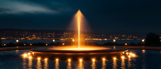 Poster - Majestic Night Fountain with Illuminated Water Jets Surrounded by a Tranquil Lake and City Lights in the Background Under a Starry Sky
