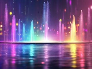 Poster - Vibrant Water Fountain Light Show with Colorful Streams and Reflections on Calm Water Surface in a Magical Setting