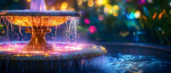 Aufkleber - Exquisite Night View of a Glimmering Fountain Surrounded by Softly Blurred Lights and Lush Greenery, Creating a Serene and Enchanting Atmosphere for Peaceful Reflection