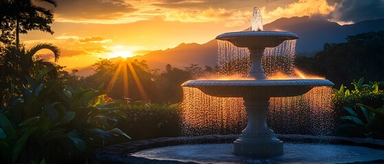 Poster - Serene Sunset Over a Majestic Fountain Surrounded by Lush Greenery and Mountains in the Background, Capturing the Essence of Nature's Beauty