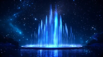 Poster - Stunning Nighttime Water Fountain Display Illuminated by Dazzling Blue Lights Surrounded by a Starry Sky and Calm Water Reflections