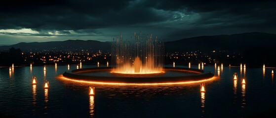 Aufkleber - Majestic Nighttime Fountain Display Surrounded by Flickering Lights and a Serene Landscape Beneath Dramatic Cloudy Skies and Distant City Glow