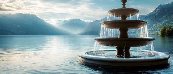 Poster - Serene Landscape with Elegant Fountain Surrounded by Majestic Mountains and Calm Waters during a Beautiful Sunrise in a Tranquil Outdoor Setting