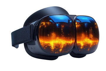 High-tech augmented reality glasses with vivid orange and blue reflective lenses on a white background.