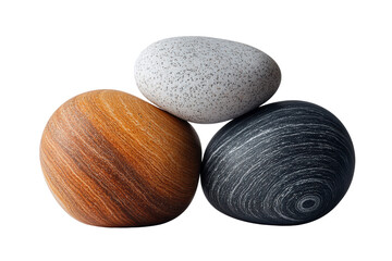 Poster - Three decorative stones with unique textures and colors, isolated on a white background, ideal for nature-themed designs.