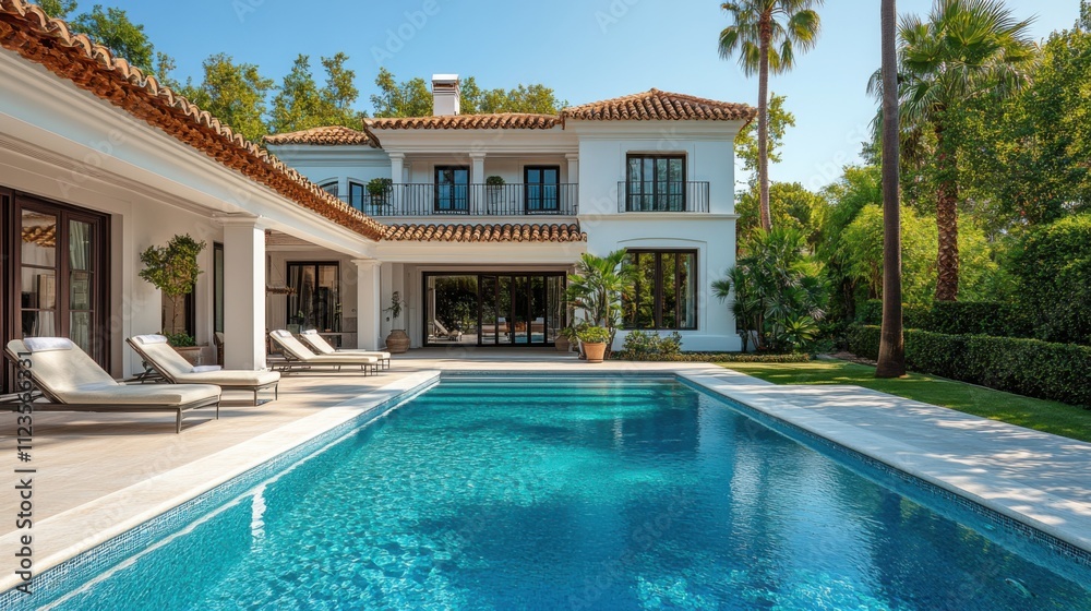 Luxury white villa with swimming pool and lush tropical garden, private ...