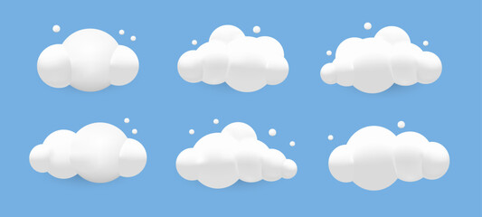 Wall Mural - 3d cartoon cumulus clouds: cute fluffy and geometric cloud shapes with cloudscape - vector illustrat