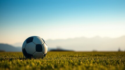 Wall Mural - Soccer ball on green grass with mountains and clear blue sky in the background at sunset