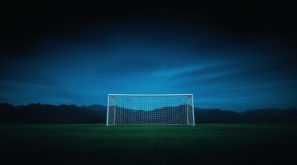 Wall Mural - Soccer goal in the twilight with mountains in the background