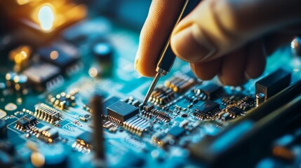Poster - Technician repairing circuit board in high-tech lab electronics close-up modern environment focused concept for innovation