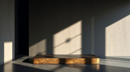 Wall Mural - Minimalist interior with golden podium casting shadows in natural light