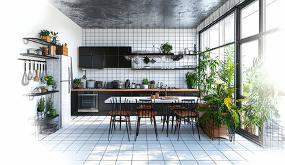 Poster - An architectural drawing of a modern kitchen with white tiles, a dining table and chairs in the center, kitchen cabinets on one side, a black and grey tile floor