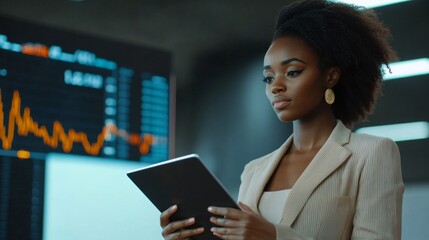 Poster - Businesswoman analyzing market trends in a modern office digital data visualization professional environment focused insight