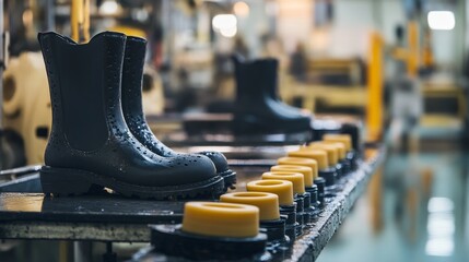 Poster - Manufacturing process of waterproof boots in industrial factory production line close-up view assurance focus