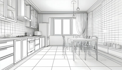 Poster - An architectural drawing of a modern kitchen with a white tile floor, black cabinets, and a dining table in the center of the room, 