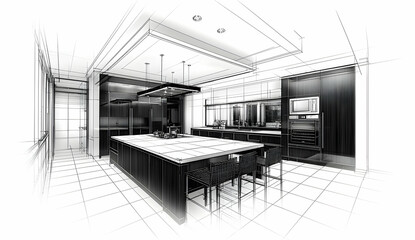 Poster - An architectural drawing of a modern kitchen with a white tile floor, black cabinets, and a dining table in the center of the room, 