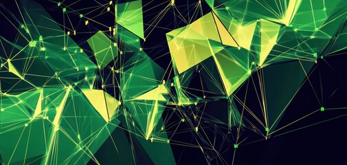 Poster - Geometric abstract design in green and yellow with intricate shapes and lines. Generative AI