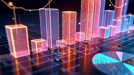 Poster - 3D infographics for business presentation with neon glowing charts, bars and pie diagrams