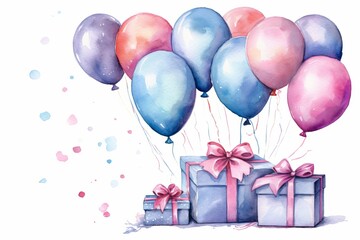 Wall Mural - Balloons and gift box in blue and pink colors, watercolor style on white. AI generate illustration