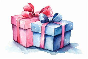 Wall Mural - Gift boxes in blue and pink colors, watercolor style on white background. AI generate illustration