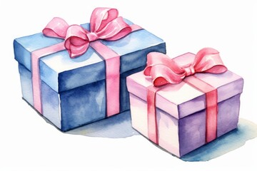 Wall Mural - Gift boxes in blue and pink colors, watercolor style on white background. AI generate illustration