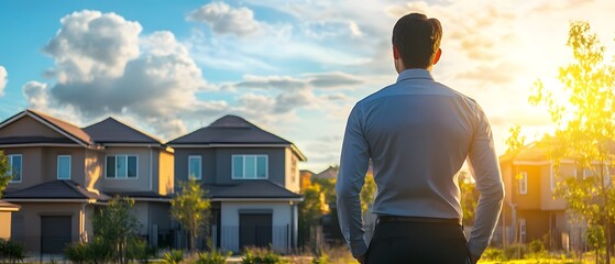 Poster - Man in a Dress Shirt Observing a Sunset Over Residential Neighborhoods with Modern Homes Surrounded by Lush Greenery and Dramatic Skies