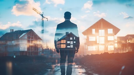 Poster - A Thoughtful Businessman Overlooks Modern Architecture with a Crane in the Background, Symbolizing Ambition and Urban Development in a Dynamic Cityscape