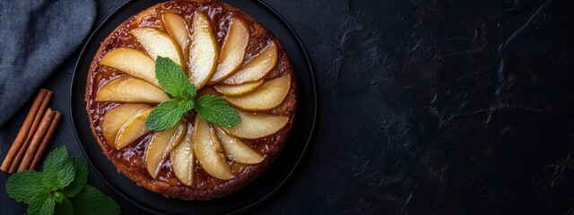 Un gâteau aux poires dans un plat à tarte avec de la cannelle et des feuilles de menthe sur fond en ardoise sombre, vue de dessus, image avec espace pour texte.