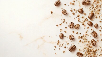 Poster - A beautiful arrangement of coffee beans and grounds on a light marble surface, showcasing the rich textures and colors of fresh coffee.