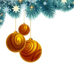 Wall Mural - Golden Christmas balls hanging on green fir tree branch.