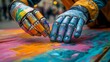 © Dmitry - Robotic hands blend vibrant paints on a large canvas, captivating the audience