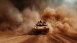 © svastix - An armored military tank advancing through a desert, creating a dramatic cloud of dust, symbolizing strength, power, and military force in a vast landscape.